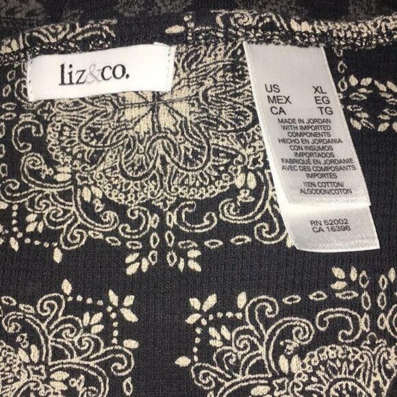 Liz & Co Black & Beige Long Sleeve Patterned Top XL 100% Cotton - Picture 4 of 5